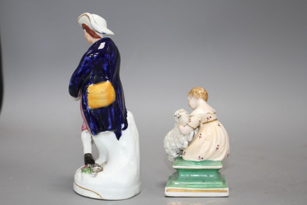 Two Staffordshire groups of a girl and a sheep and a shepherd with a ram, c.1840-50, H. 10 - 16.2cm